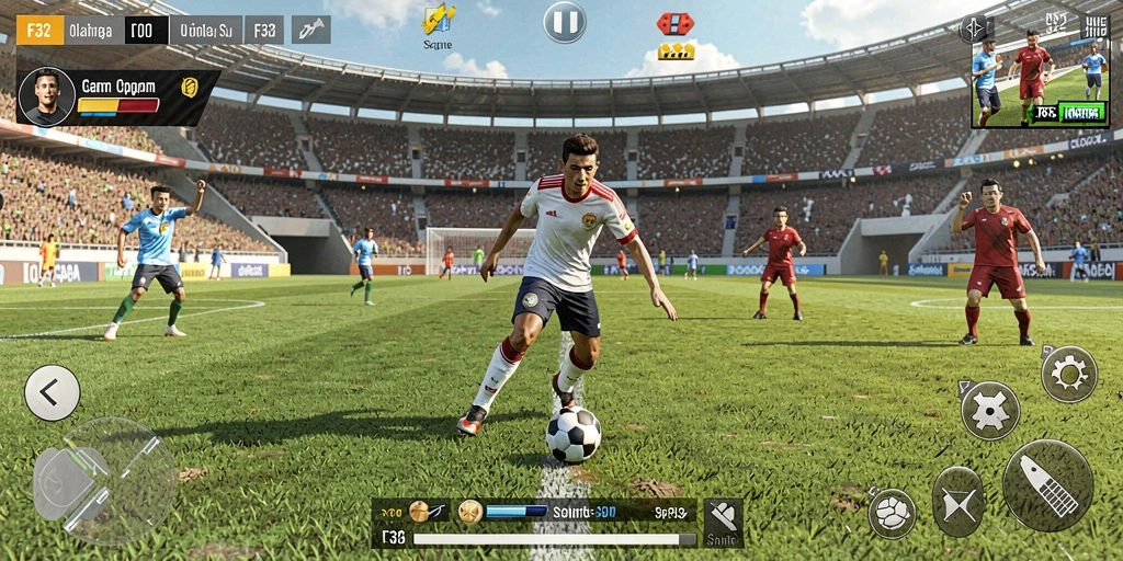Screenshot gameplay F32 menampilkan aksi olahraga yang seru dan energik.