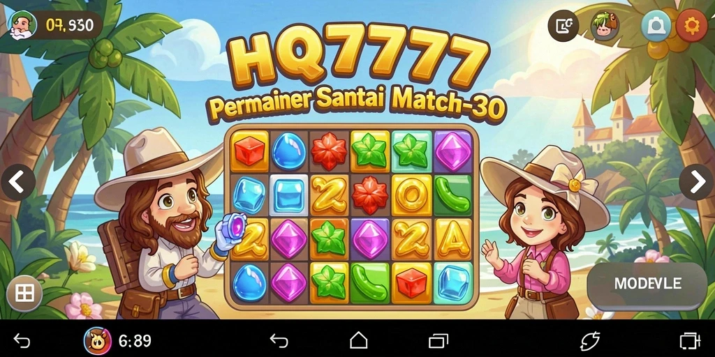 Tampilan gameplay HQ777 dengan kombinasi permata Match-3 yang cerah.