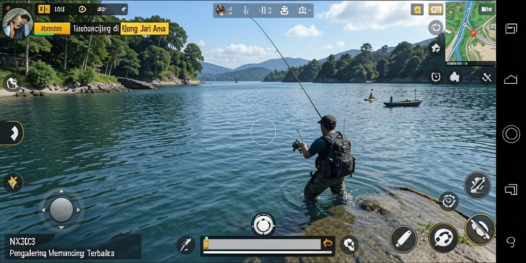 Gameplay NX303 yang menggembirakan dan penuh warna saat memancing.